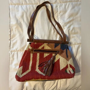 Southwest Wool Leather Shoulder Handbag Purse Kilim Aztec Boho